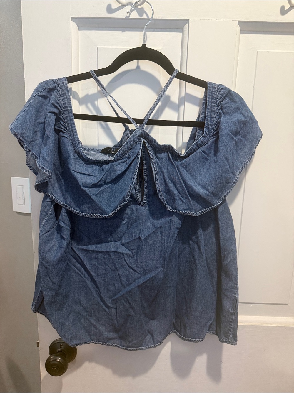 Express Denim Blue Off-Shoulder Ruffle Tunic